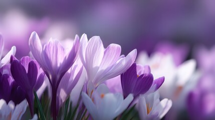 Fototapeta premium A beautiful close-up of delicate purple and white crocus flowers. The gentle colors create a calming atmosphere. Great for nature lovers and spring themes. A lovely floral arrangement. AI