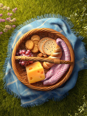 A picnic basket filled with cheese, crackers, grapes, and a croissant on a blue blanket in the grass