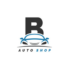 letter B logo auto mechanic with car design. Alphabet B automotive car style icon