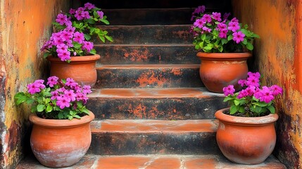 Naklejka premium Vibrant flowers in terracotta pots adorn weathered steps, creating a charming scene