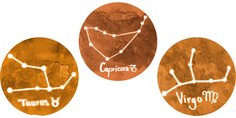 Hand drawn watercolor set of earth zodiac signs. Earth elements. Taurus, Virgo, Capricorn. Constellations and stars. Template for astrology design,tarot cards, cards, horoscope, stickers