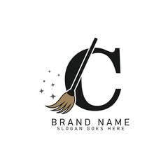 Letter C House Cleaning Broom Logo. Alphabet C Cleaning Brush Icon