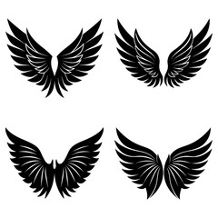 Four stylized pairs of wings in black silhouette with varying feather arrangements and wing positions