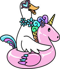 Hand drawn Retro Groovy Cartoon Goose on Unicorn Pool Float Illustration