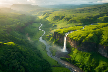 Lush Green Valley with Waterfall Landscape Scenery