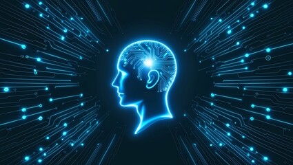 AI Face Silhouette with Digital Circuit Background in Blue Tones