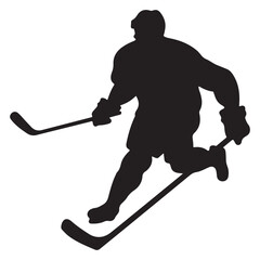 A graphic silhouette design of an ice hockey player.  Graphic illustration of a hockey player's logo.  Black and white silhouettes of ice hockey players