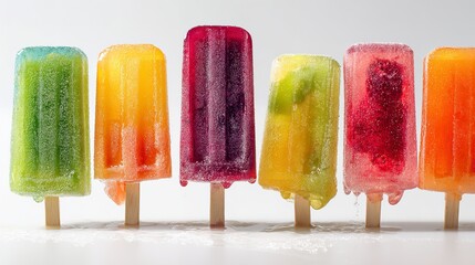 A colorful array of frozen treats lined up on a white surface ready to be enjoyed on a hot day