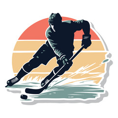 An unidentifiable man hockey player against a white background with a stick on an ice court.  Sportsm