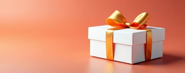 Elegant white gift box with golden ribbon bow, isolated , surprise, white background