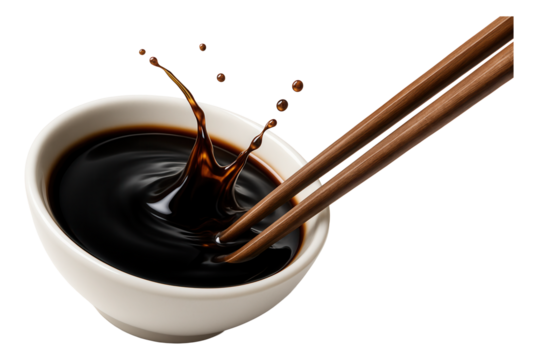 Wooden chopsticks splashing soy sauce in a white ceramic bowl.