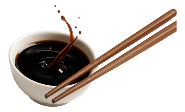 Splash of soy sauce in a white bowl with wooden chopsticks placed beside it.