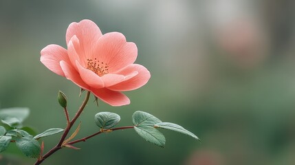 Delicate Pink Rose Blooming in Soft Green Natural Space
