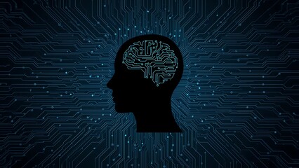 AI Face Silhouette with Digital Circuit Background in Blue Tones
