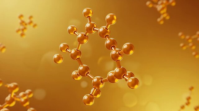 Golden Molecular Structure with Spheres on a Blurred Gradient Background Representing Scientific Innovation and Pharmaceutical Research in Abstract Design