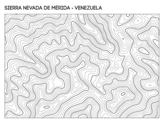 Topographic contour map of Sierra Nevada de Merida mountain range in Venezuela showing rugged elevation and ridgelines. Contour lines vector terrain background.