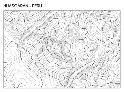 Topographic contour map of Huascaran mountain in Peru showing peak elevation and rugged Andean terrain. Contour lines vector terrain background.