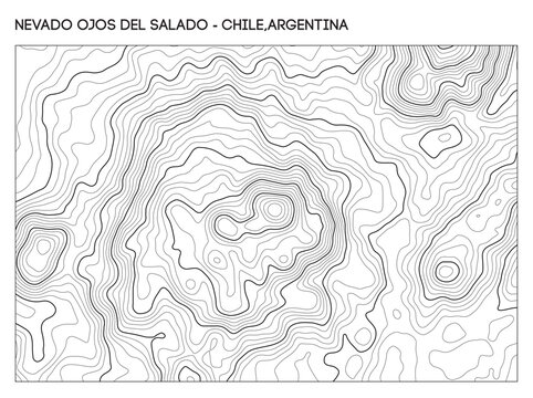 Topographic contour map of Nevado Ojos del Salado volcano on the Chile Argentina border with crater and elevation detail. Contour lines vector terrain background.