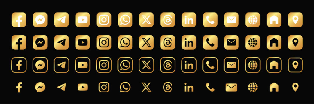 golden luxury set of popular social media logos and web icons. facebook, youtube, instagram, threads, x, linkedin, telegram, whatsapp, messenger, phone, email, website, home, location