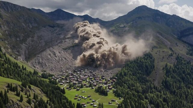 Nature disaster. Dramatic mountain landslide engulfs alpine village in dust cloud. 