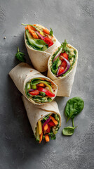 A stack of vegetable wraps with carrots, cucumbers, tomatoes, and greens on a gray surface