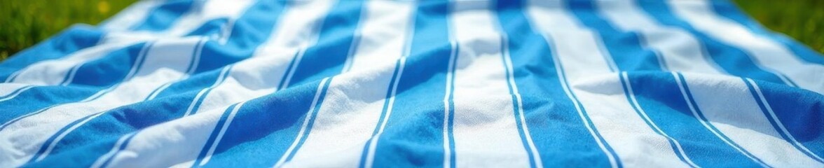 Blue striped picnic blanket, slightly wrinkled , relax, white background