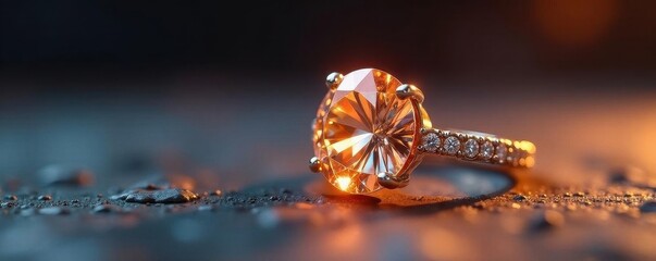 Gleaming brilliant-cut diamond ring, warm light, smooth surface , light, precious, macro