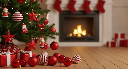 Decorating Christmas Tree with Red Ornaments and Fireplace