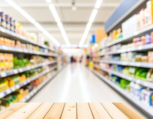 Fototapeta premium Defocused supermarket department with warm, inviting lights and subtle human presence. Creates an ambient, welcoming atmosphere for consumer-related themes