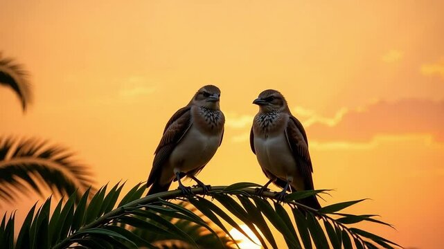 Two sparrows perched on palm leaves against vibrant orange sunset sky
