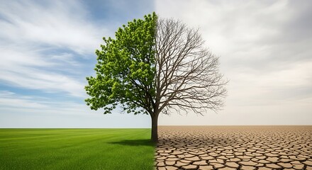 Tree Showing Climate Change Impact on Landscape with Contrasting Environment
