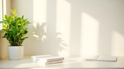 Serene workspace composition featuring green plant shadow and books on white background