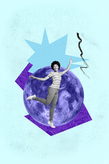Vertical 3d poster art collage of happy girl guy stand space galaxy moon planet cosmos discovery...
