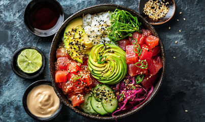 A vibrant poke bowl with tuna avocado and seaweed served with lime and dipping sauces nearby