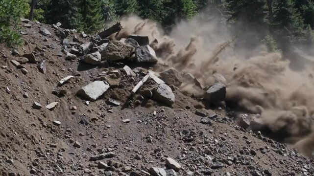 Massive rockslide landslide on mountain slope in forested area. Natural disaster, erosion, earth movement