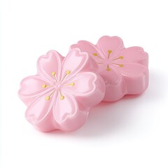 Two delicate pink cherry blossom-shaped treats, seemingly crafted from a smooth, glossy material