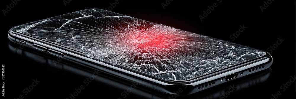 Poster broken smartphone with cracked glass screen and error popup displayed on dark background