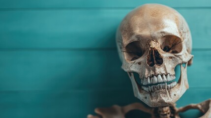 Fototapeta premium This image showcases a detailed close-up of a human skull resting against a rustic wooden background, embodying themes of mortality, anatomy, and the human condition.