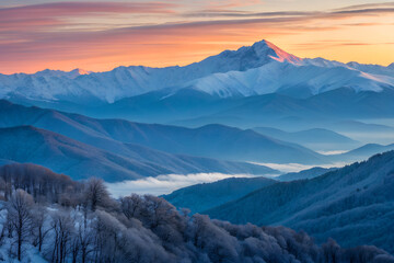 Snowy Mountain Range at Sunrise with Fog