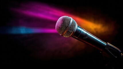 Obraz premium Stage microphone glowing under vibrant lights, capturing the essence of live performance energy 