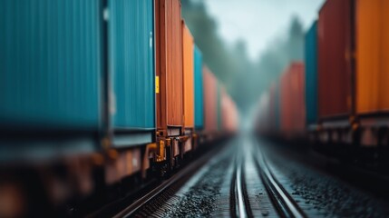 Fototapeta premium A perspective view of numerous colorful shipping containers lined up along railway tracks, embodying the essence of transportation and commercial logistics in an industrial environment.