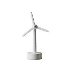 White miniature wind turbine model on a clean background, symbolizing renewable energy and sustainable technology.