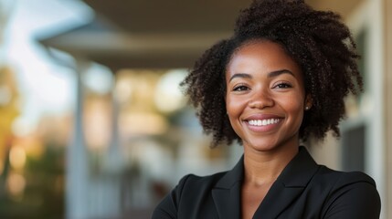 A radiant young woman is smiling confidently outdoors, showcasing her professional demeanor with a natural backdrop that enhances her engaging personality in the image.