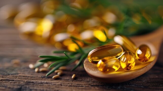 A vibrant arrangement of golden omega-3 capsules on a wooden spoon, surrounded by fresh rosemary, showcasing their health benefits and natural essence.