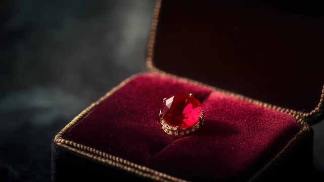 A close up of a red ruby ring in a velvet box is presented for a celebration or anniversary