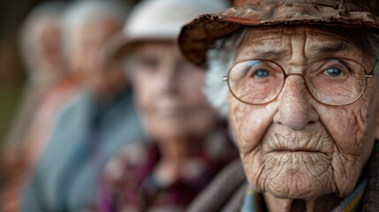 Obraz premium A wise elderly woman with striking features and expressive eyes gazes at the camera, showcasing the beauty and depth of age and wisdom in a serene outdoor setting.