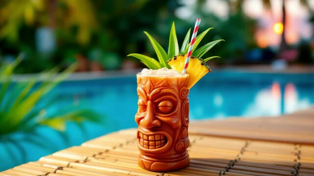Refreshing tropical cocktail served poolside at sunset in a vibrant tiki glass