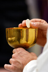 Catholic church. Sunday mass. Priest giving Holy Communion. Saint Pierre et Paul church.  Saint Julien en Genevois. France.
