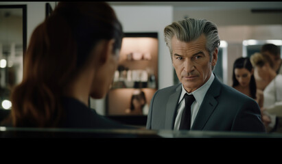 Obraz premium A poised man in a sharp suit gazes intently at his reflection, symbolizing sophistication and confidence in an upscale environment accentuating modern elegance and style.