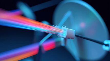 A closeup of advanced optical equipment showcasing a fiber optic cable connected to a satellite dish in a secure research facility emphasizing the intricate details of the technology.